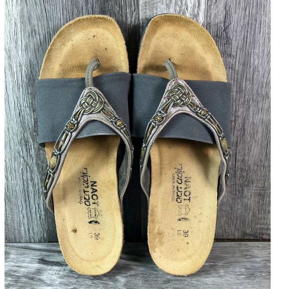 Naot Women Grey Metallic Leather Thong Sandals Celtic Knot Cork Footbed EU 39 L8